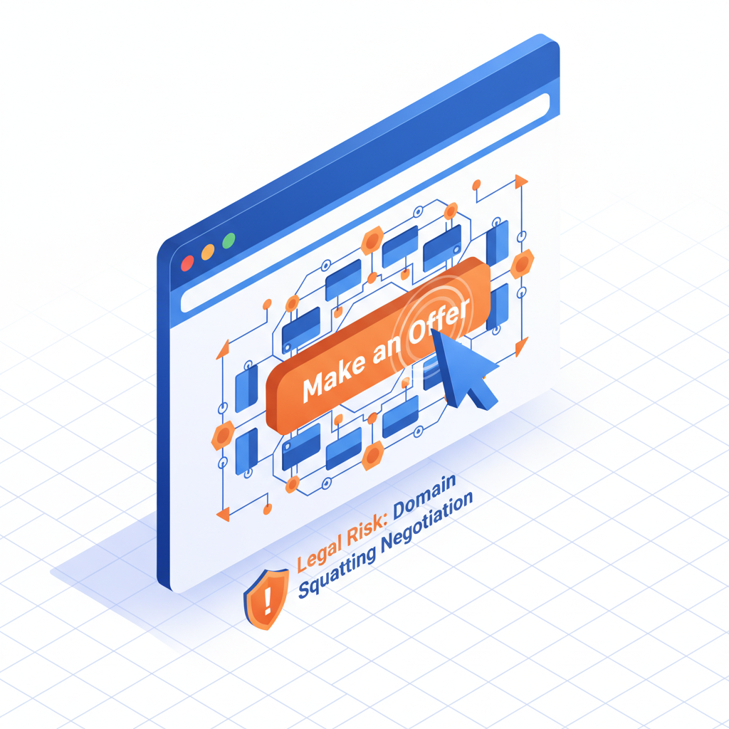 Illustration isométrique d'un navigateur web avec un bouton « Faire une offre », symbolisant un piège juridique dans les litiges de noms de domaine.