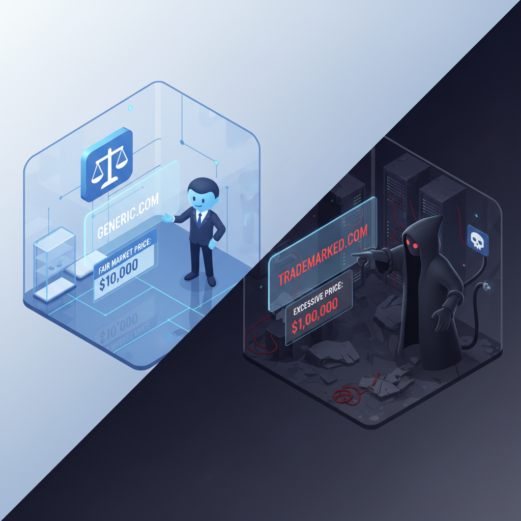 Illustration zum Vergleich zwischen seriöser Vermittlung und bösgläubigen Verkaufsangeboten für Domains.