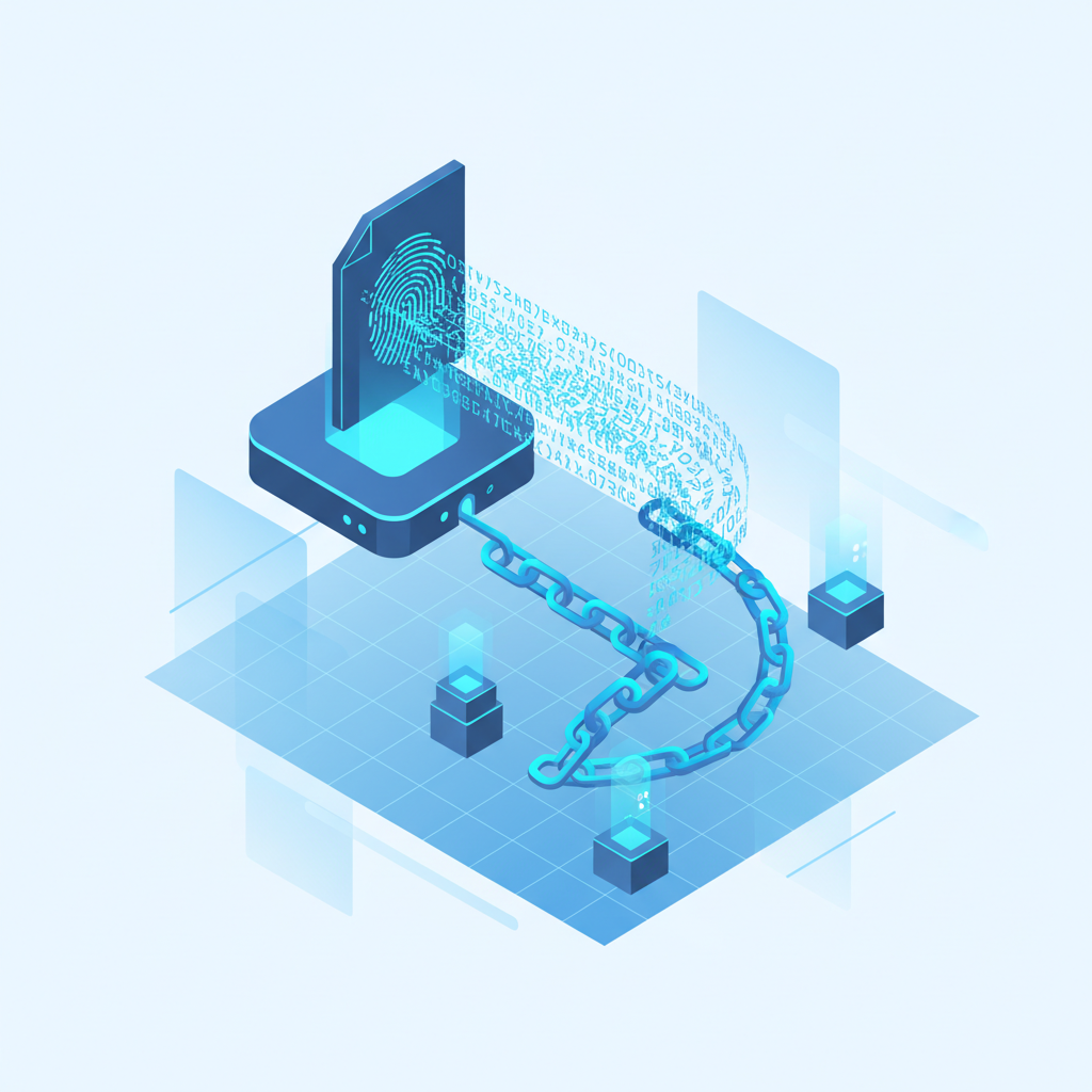 Ilustración 3D del proceso de creación de una huella criptográfica y un registro de auditoría verificable para documentos electrónicos.