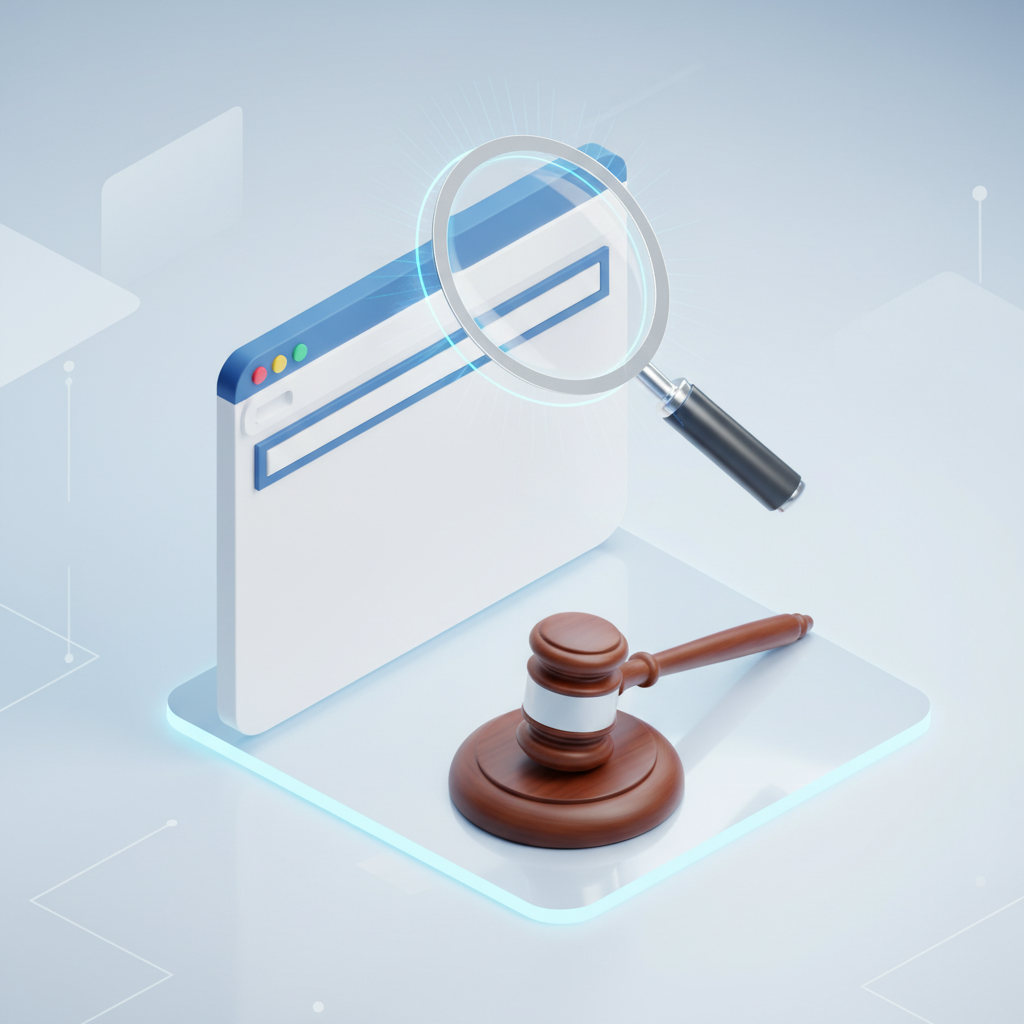 Minimalist illustration of a laptop screen with a blank page and a judge's gavel, symbolizing passive domain holding.