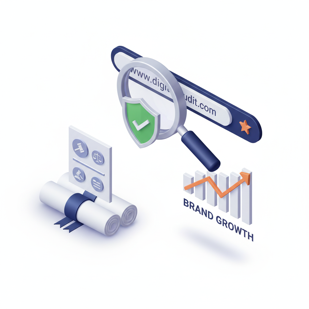 Ilustración isométrica del proceso de auditoría de nombres de dominio y marcas registradas con elementos de análisis de datos.