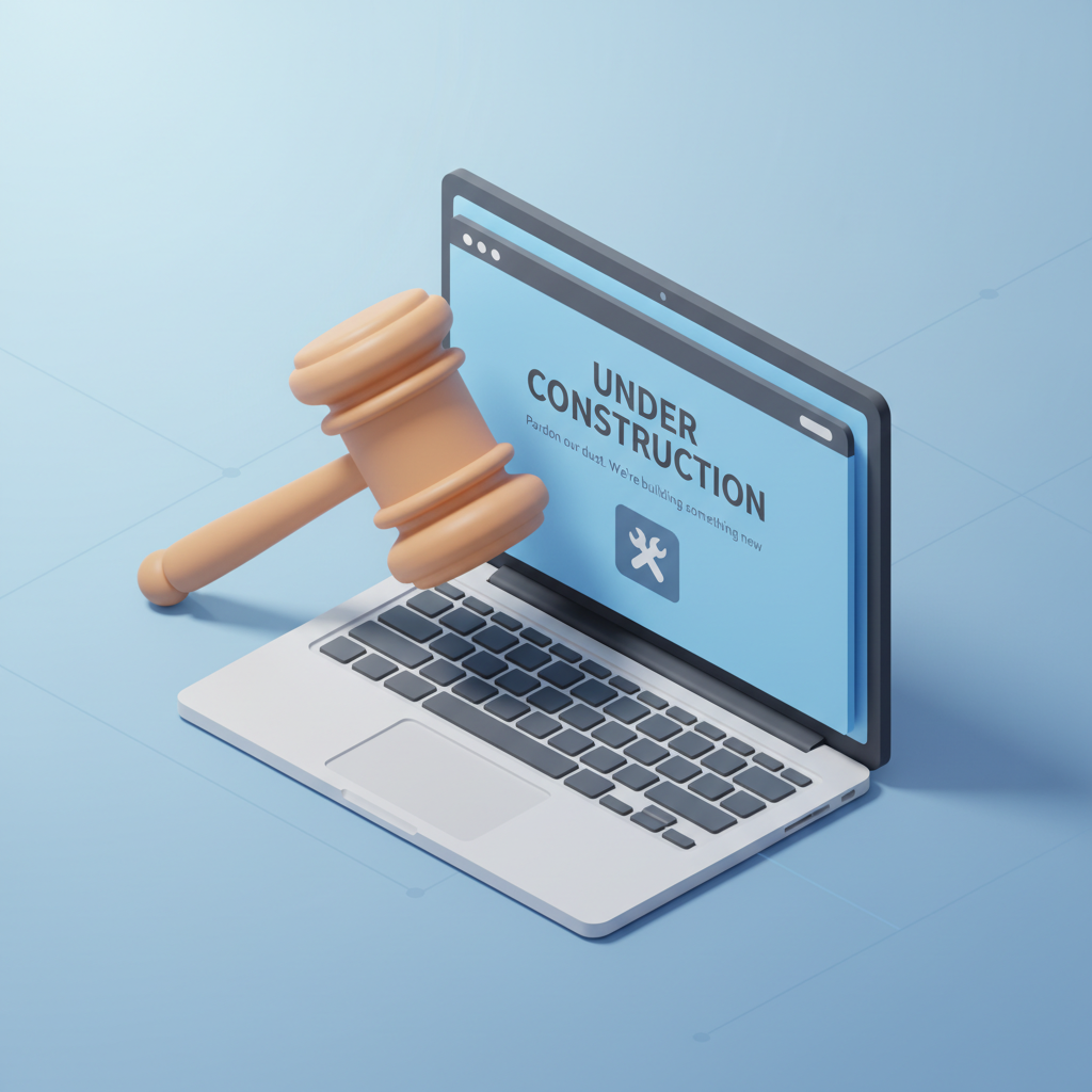 Illustration einer leeren Website und eines Richterhammers, die die Doktrin des passiven Haltens von Domains darstellen