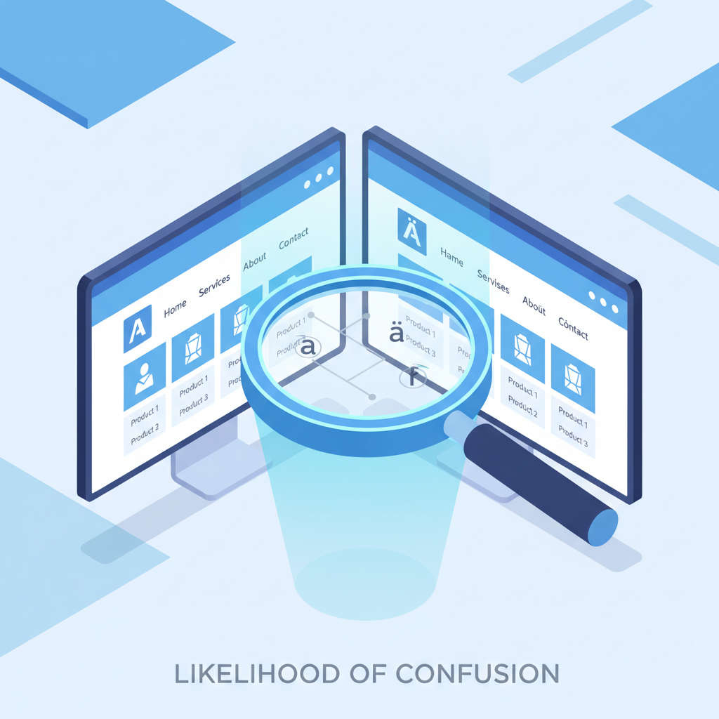 Ilustración 3D de dos páginas web similares analizadas con una lupa para identificar similitudes entre dominios.