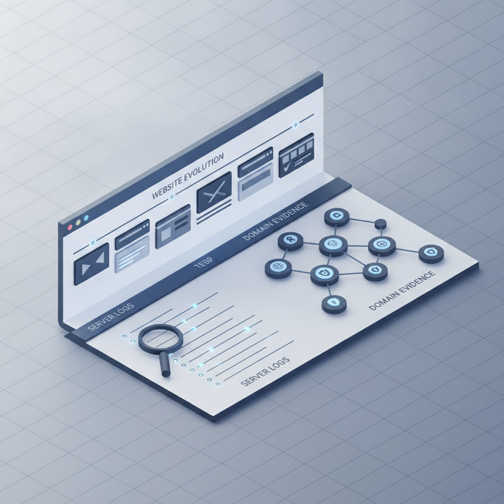 Una representación visual conceptual de una hoja de ruta de evidencia digital que muestra el análisis de registro de dominio y los pasos de investigación forense.
