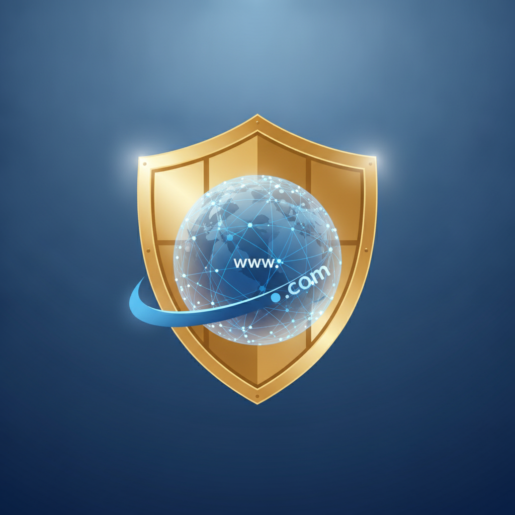 A digital shield protecting a domain name icon, symbolizing trademark rights in UDRP disputes.