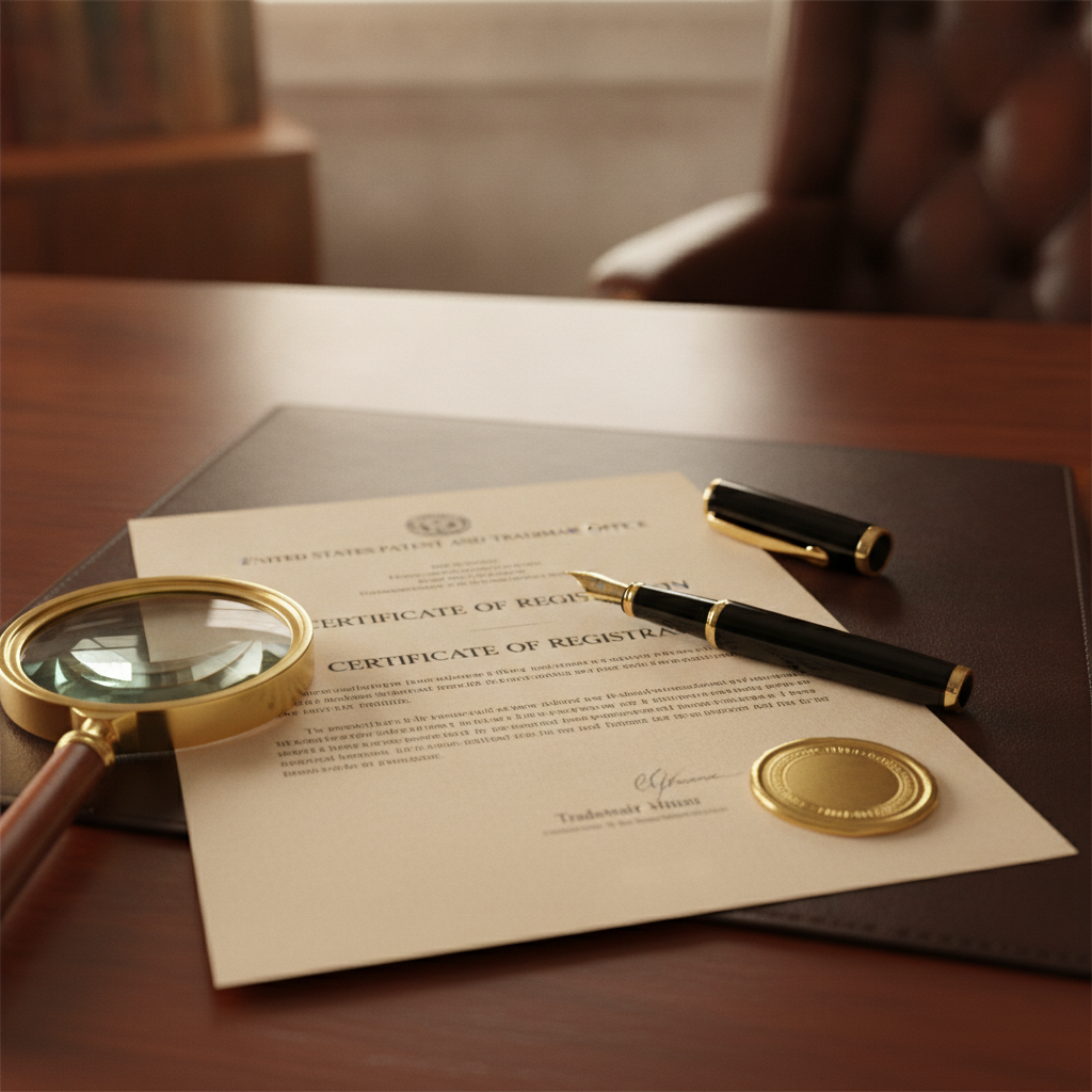 A professional trademark registration certificate being reviewed with a magnifying glass.