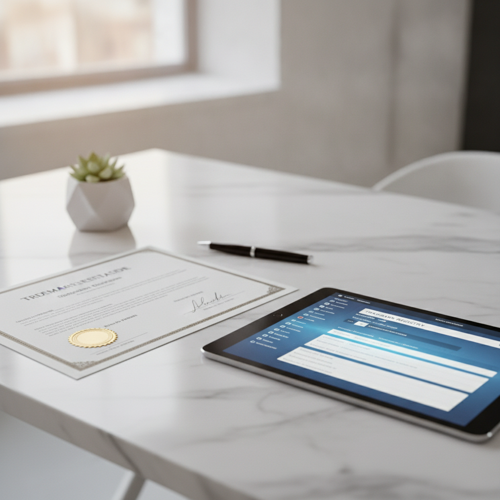 Certificat d'enregistrement de marque et dossiers de base de données numériques sur un bureau professionnel.