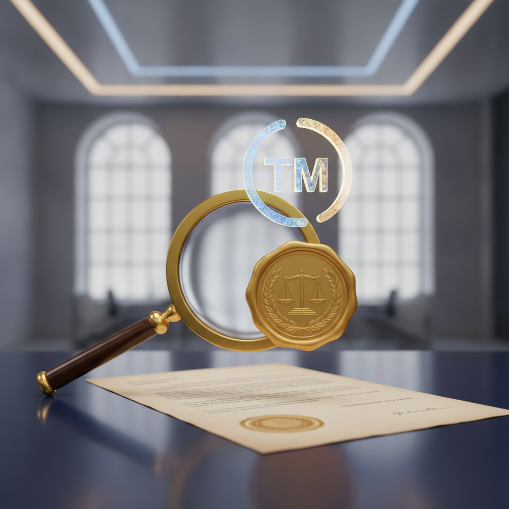 A professional graphic representing legal trademark verification and document assessment.