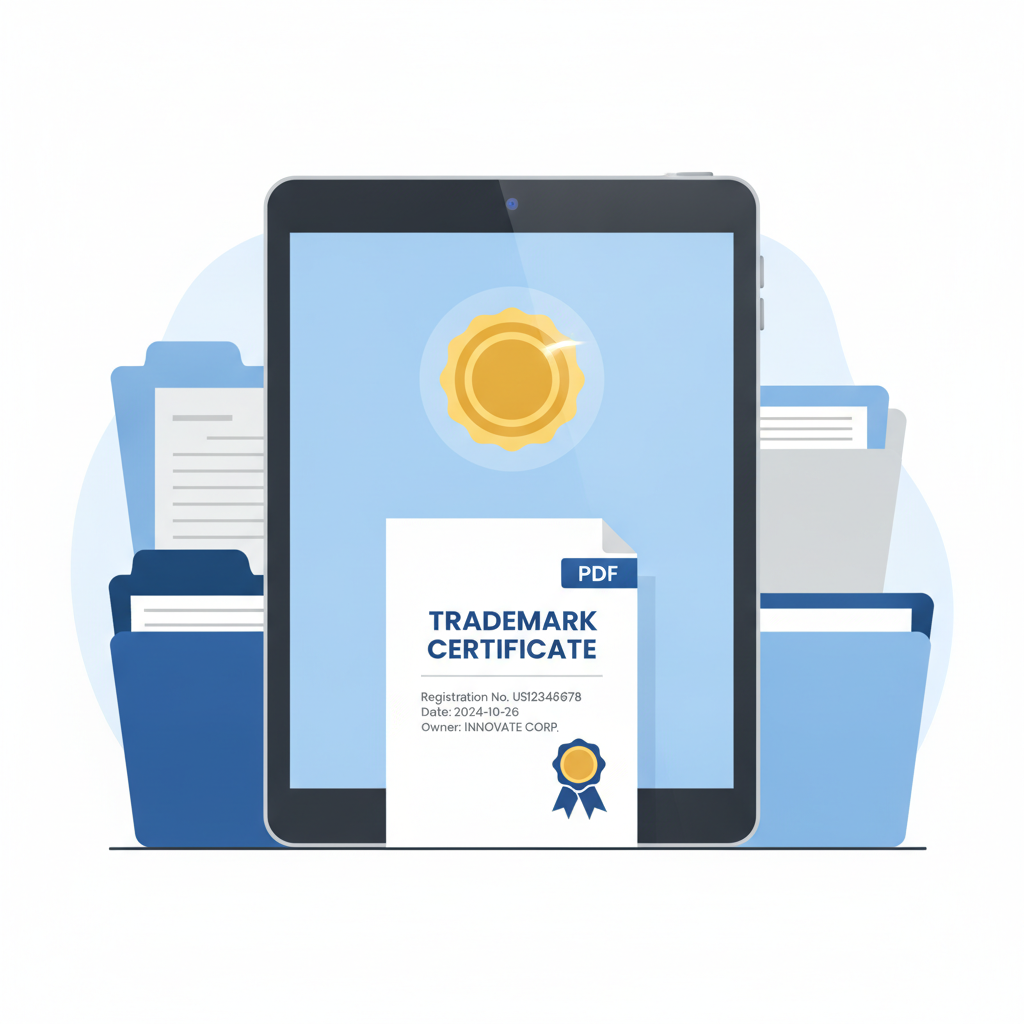 A digital representation of official trademark documentation and PDF certificates for legal compliance.