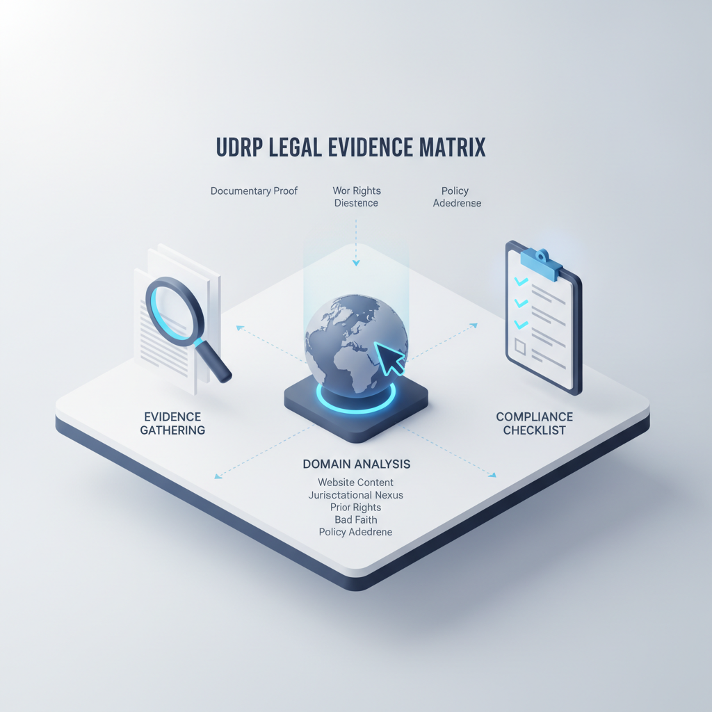 A professional infographic showing an evidence matrix for domain bad faith disputes.