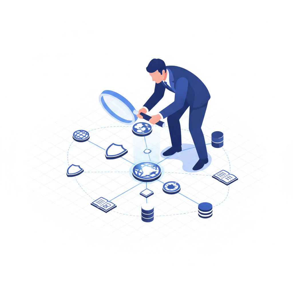 Representación conceptual de una búsqueda de disponibilidad de marca y proceso de verificación de datos legales.