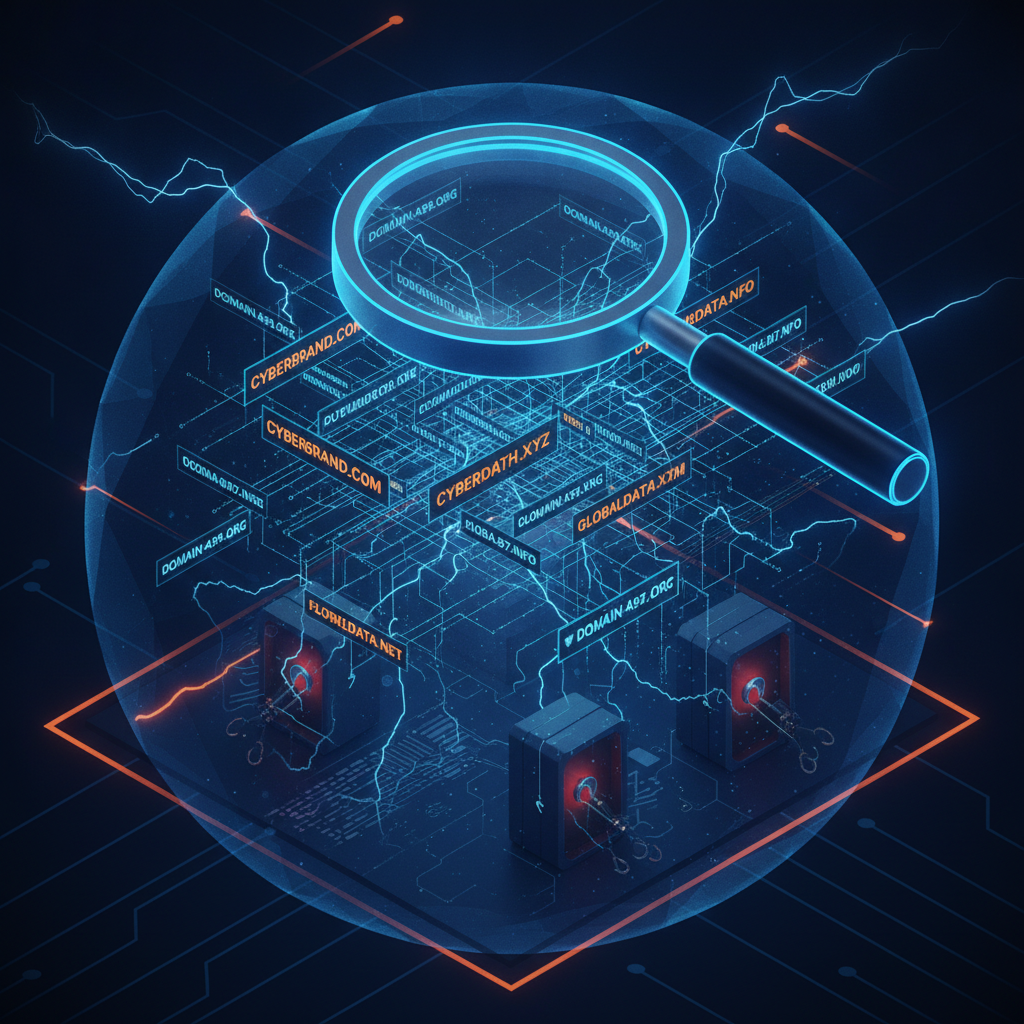 Conceptual illustration of cybersecurity experts evaluating malicious domain registration behaviors.