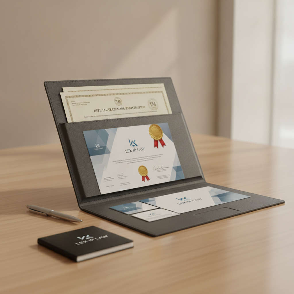 A folder with official trademark registration documents and commercial brand materials.
