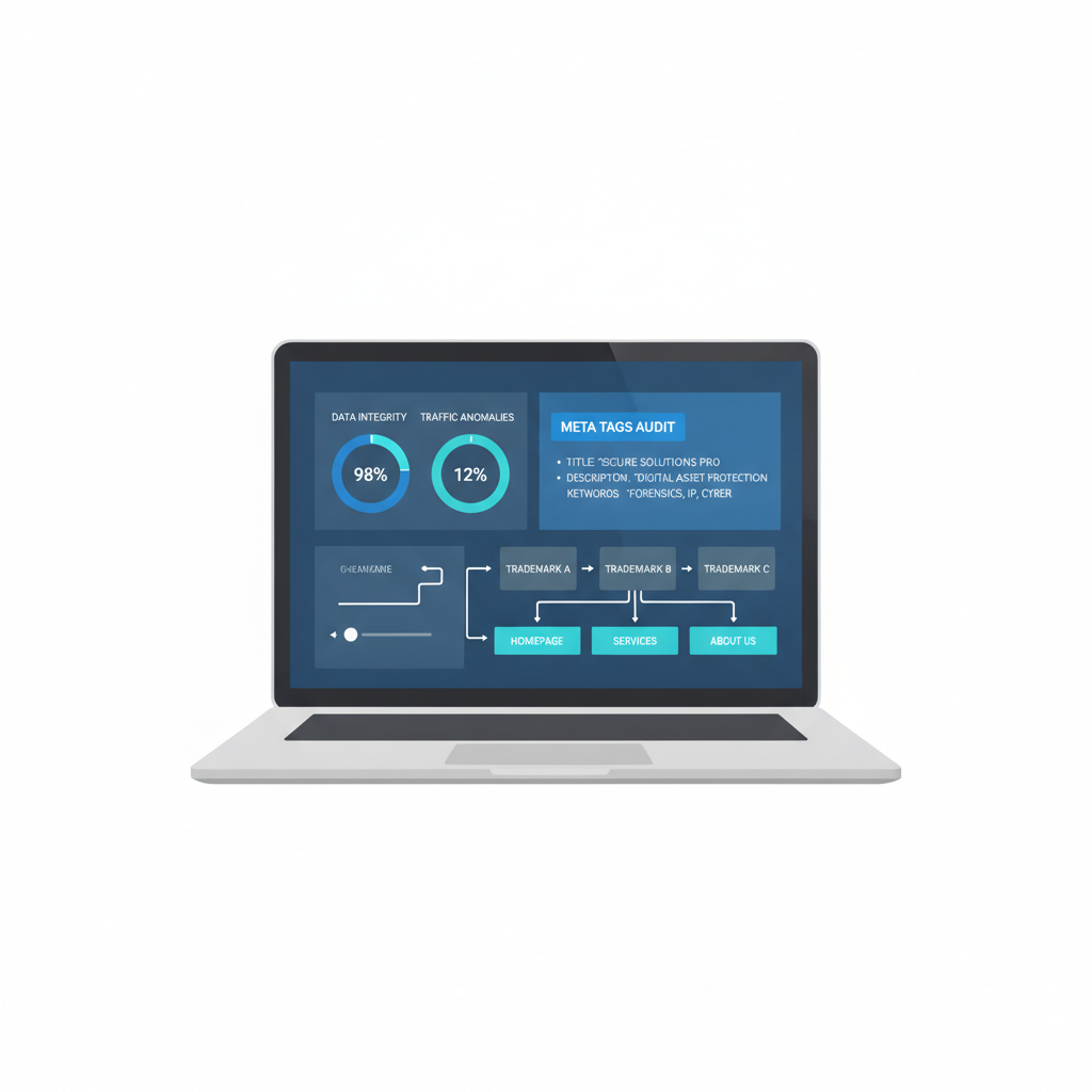 A professional desk workspace showing digital forensic analysis of website content patterns and trademark indicators.