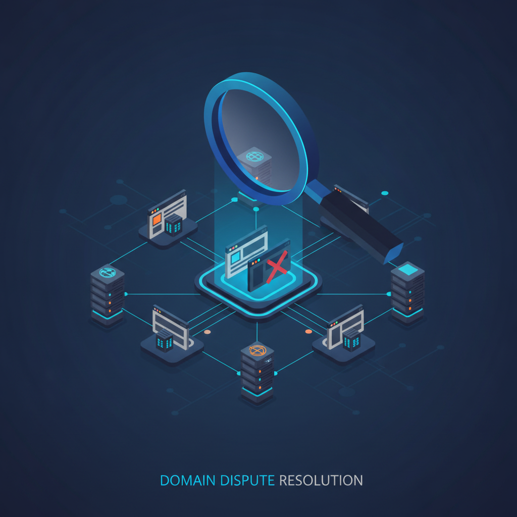 Conceptual illustration showing domain registration dispute and legal review process.