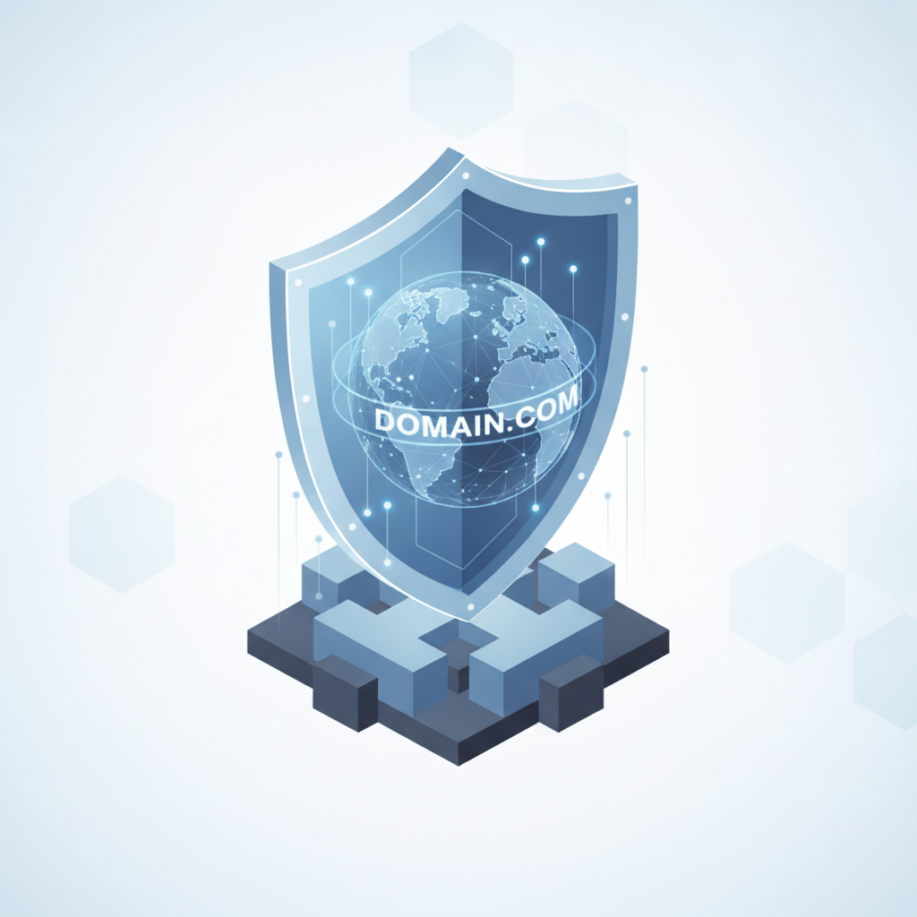 A 3D shield protecting a domain name symbol, representing legal security for digital assets.