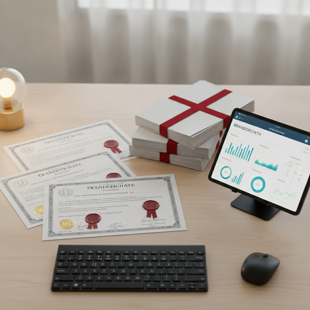 A collection of legal trademark registration certificates and business documents on a desk.