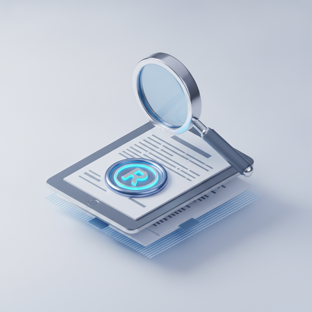 A magnifying glass examining legal documents representing trademark rights.