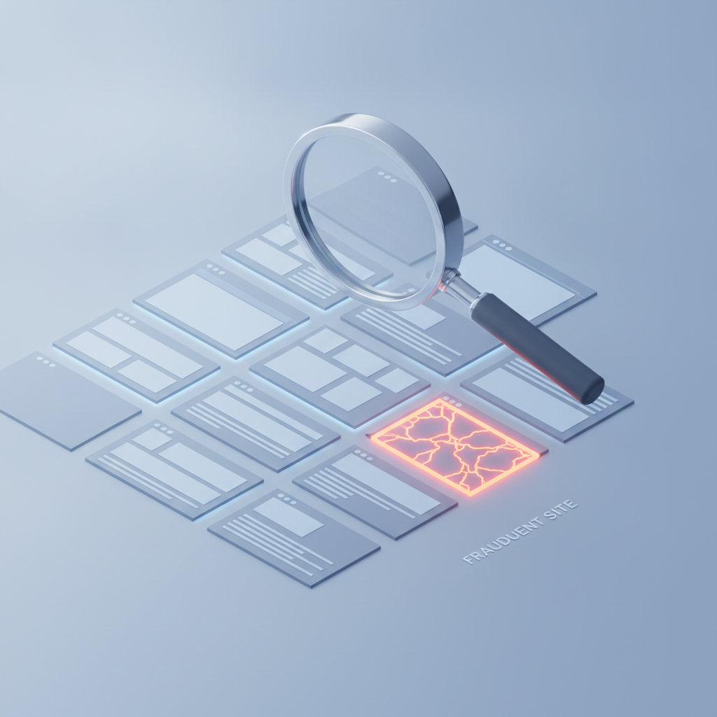 An isometric illustration showing a magnifying glass identifying a suspicious domain among a group of digital panels.