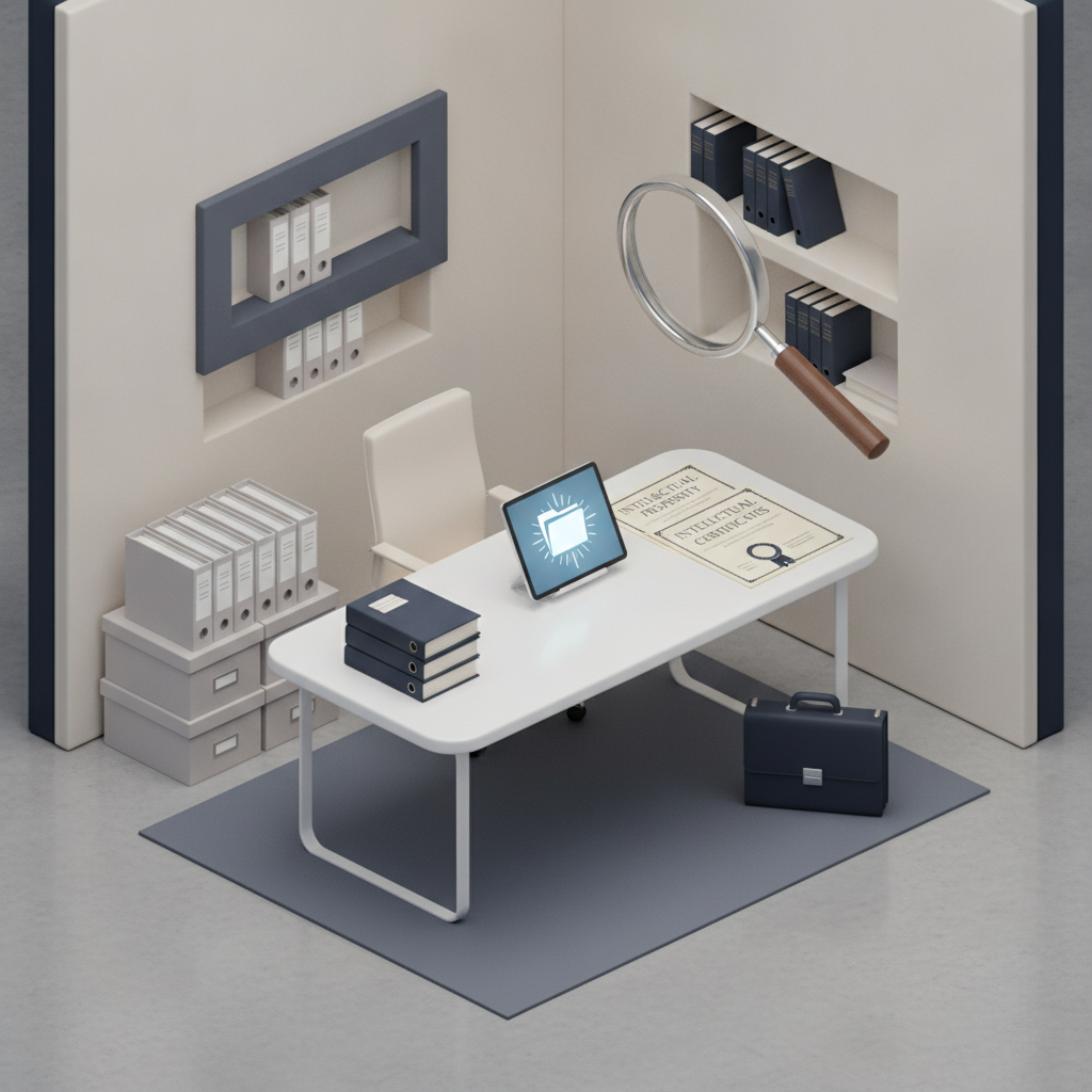A professional desk workspace with organized legal documentation, trademark certificates, and digital files representing evidence for intellectual property cases.