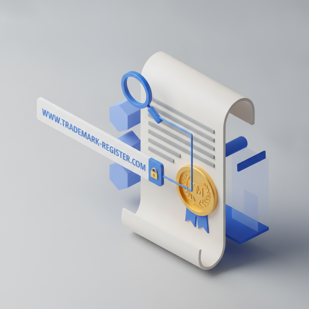 Ilustración isométrica 3D que representa la verificación de derechos de marca y el estado de la entidad legal en una disputa de dominios