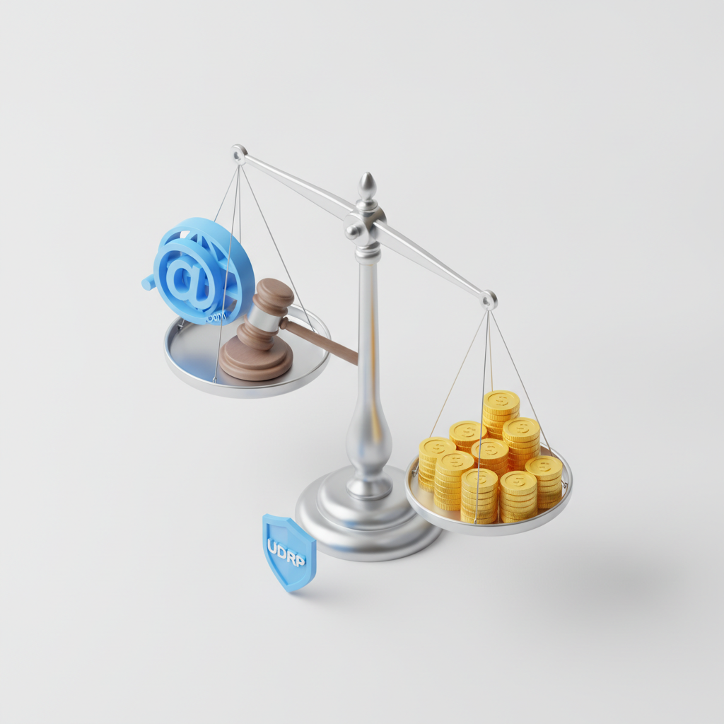 Ilustración isométrica 3D de una balanza que pesa símbolos legales y monedas para representar los costos de la UDRP