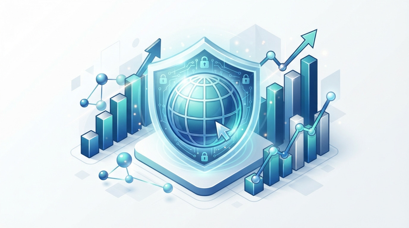 Une illustration isométrique montrant un globe de site web protégé et des graphiques de croissance en hausse, symbolisant la valeur commerciale de la récupération de domaine.