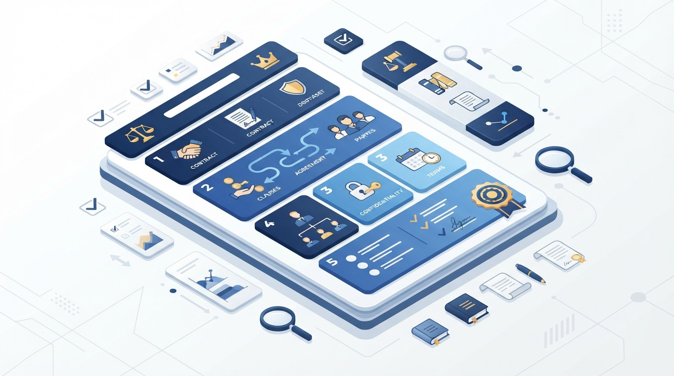 A 3D isometric illustration of a structured legal document with organized sections and icons.