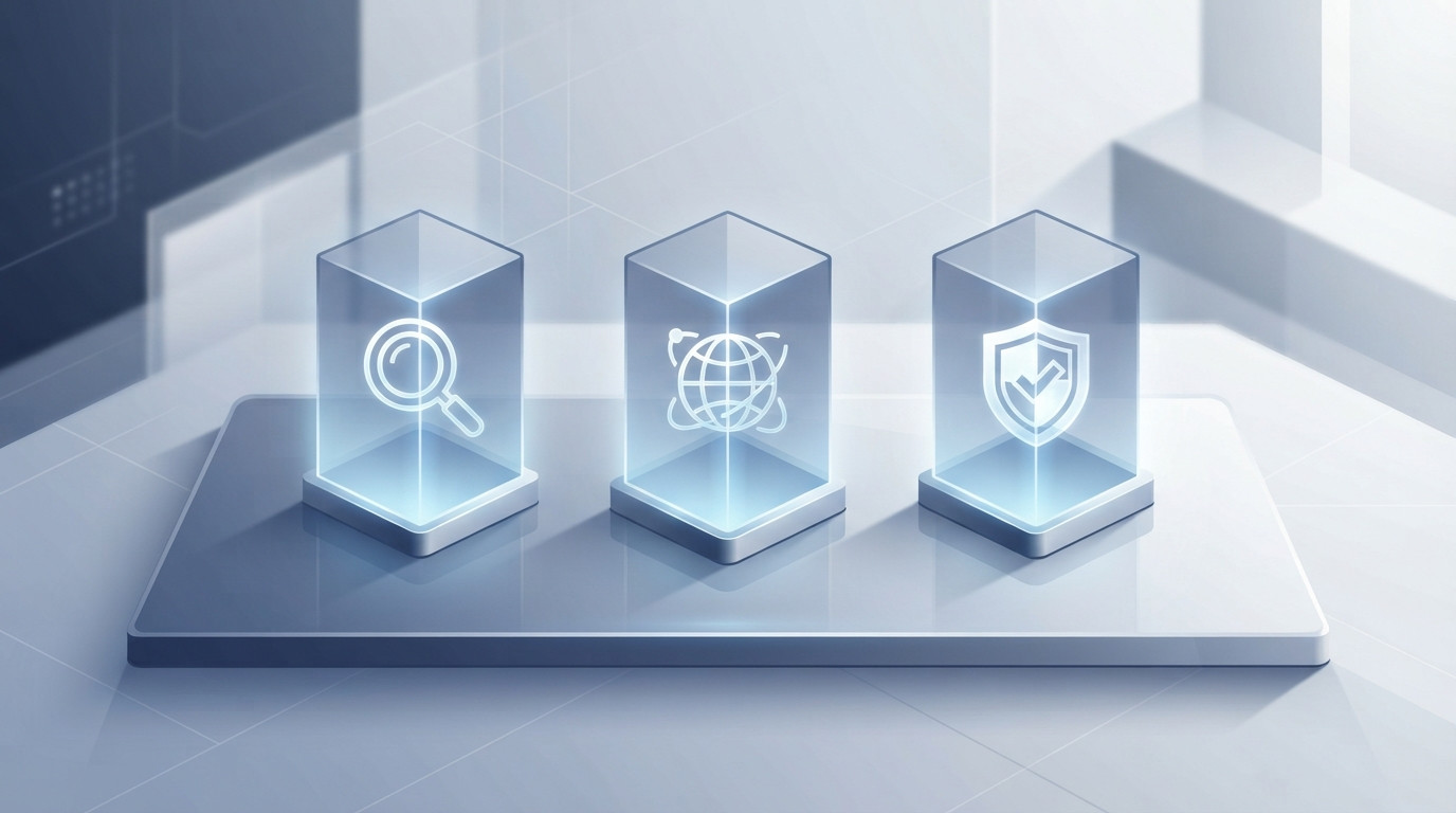 3D isometric illustration of three pillars representing the legal requirements for a UDRP domain dispute.