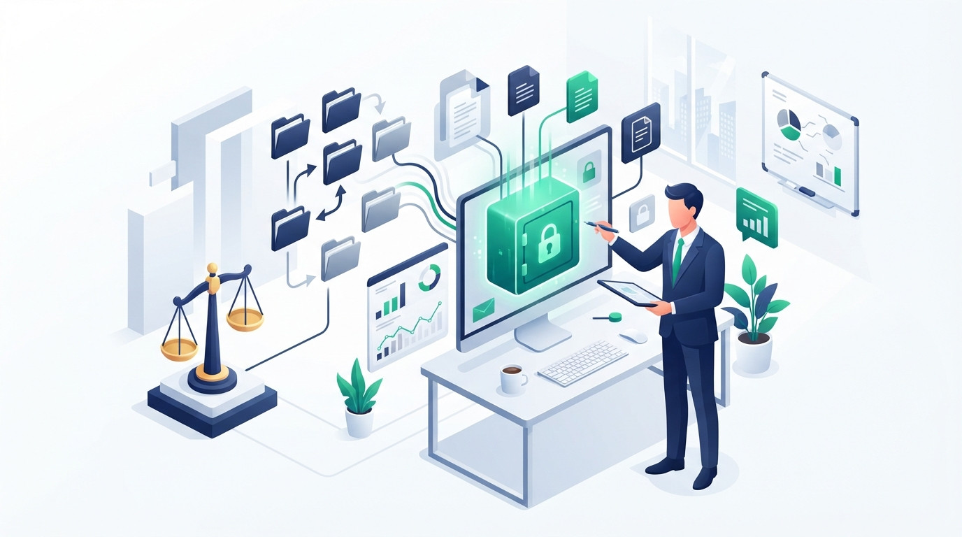 Isometric illustration of a professional consolidating multiple digital files into a single folder to represent cost-effective legal strategies.