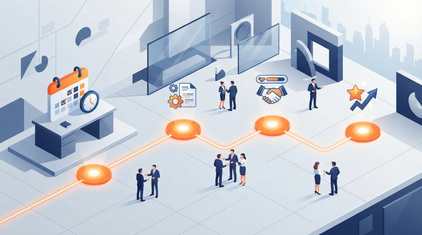 A 3D isometric illustration of a strategic administrative timeline with milestones and calendar elements.