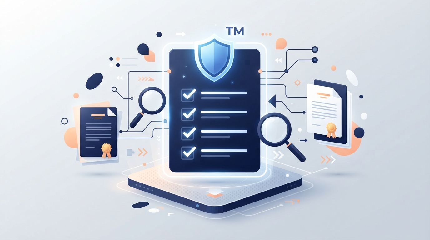 Una ilustración isométrica de una lista de verificación digital y documentos legales que representan la verificación de marcas comerciales.