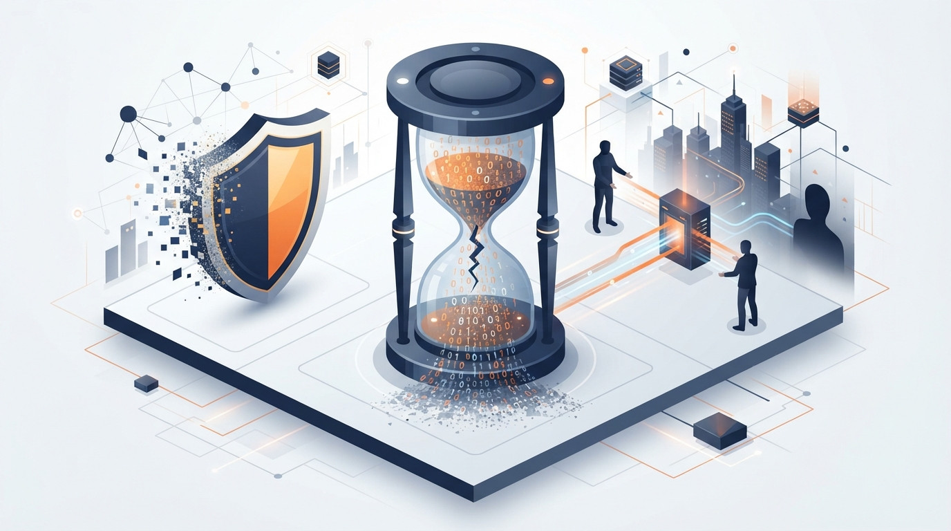 Isometrische Illustration, die digitale Vermögenswerte zeigt, die aus einer Sanduhr entweichen, was die Kosten der Verzögerung beim Markenschutz symbolisiert.