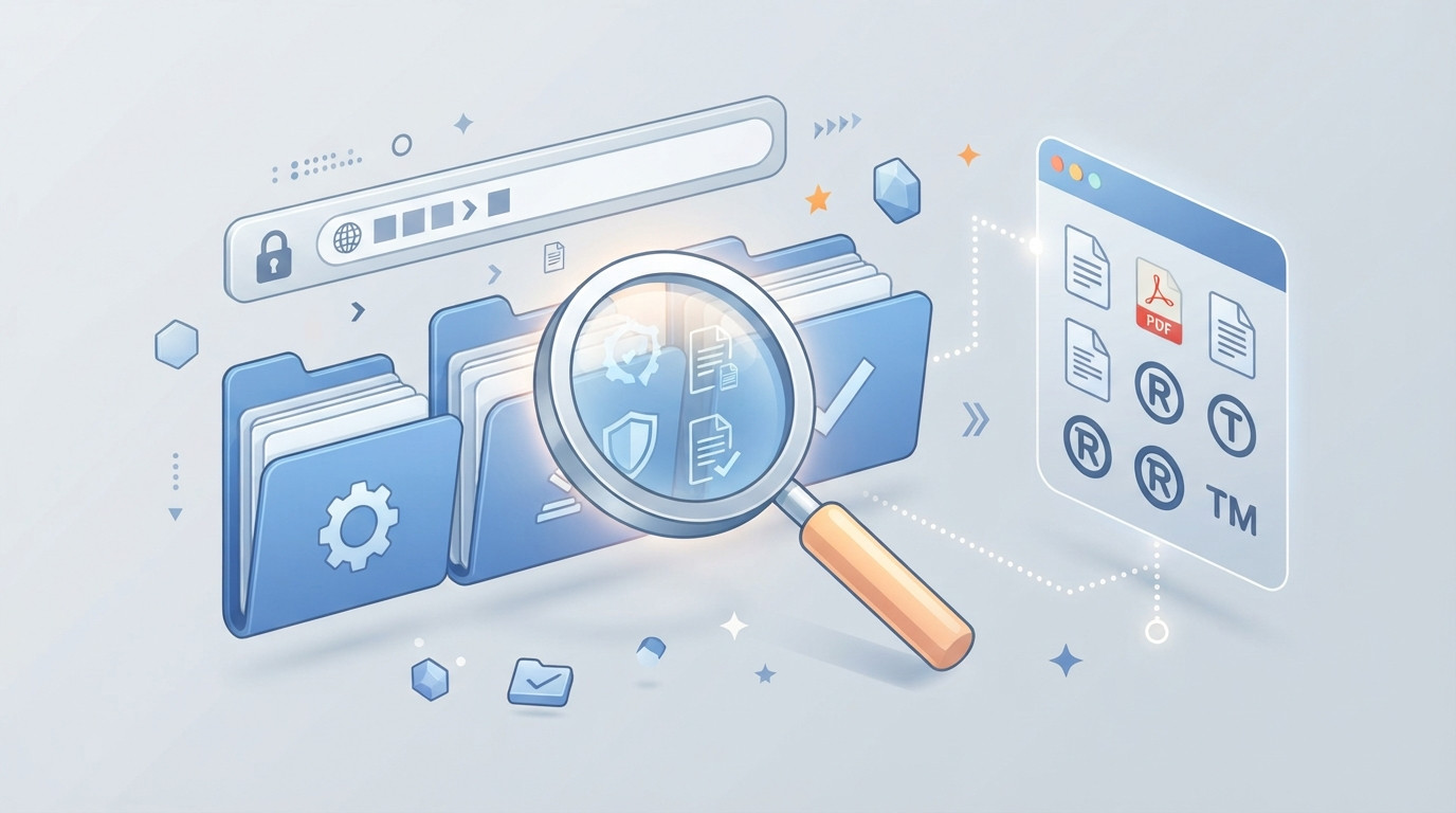 Isometrische Illustration, die die Sammlung digitaler Beweise für einen Domain-Streitfall darstellt.