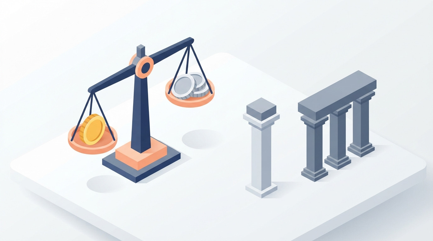 Une illustration isométrique en 3D montrant un choix stratégique entre un panel composé d'un membre unique et d'un panel de trois membres, utilisant des piliers symboliques et des balances.
