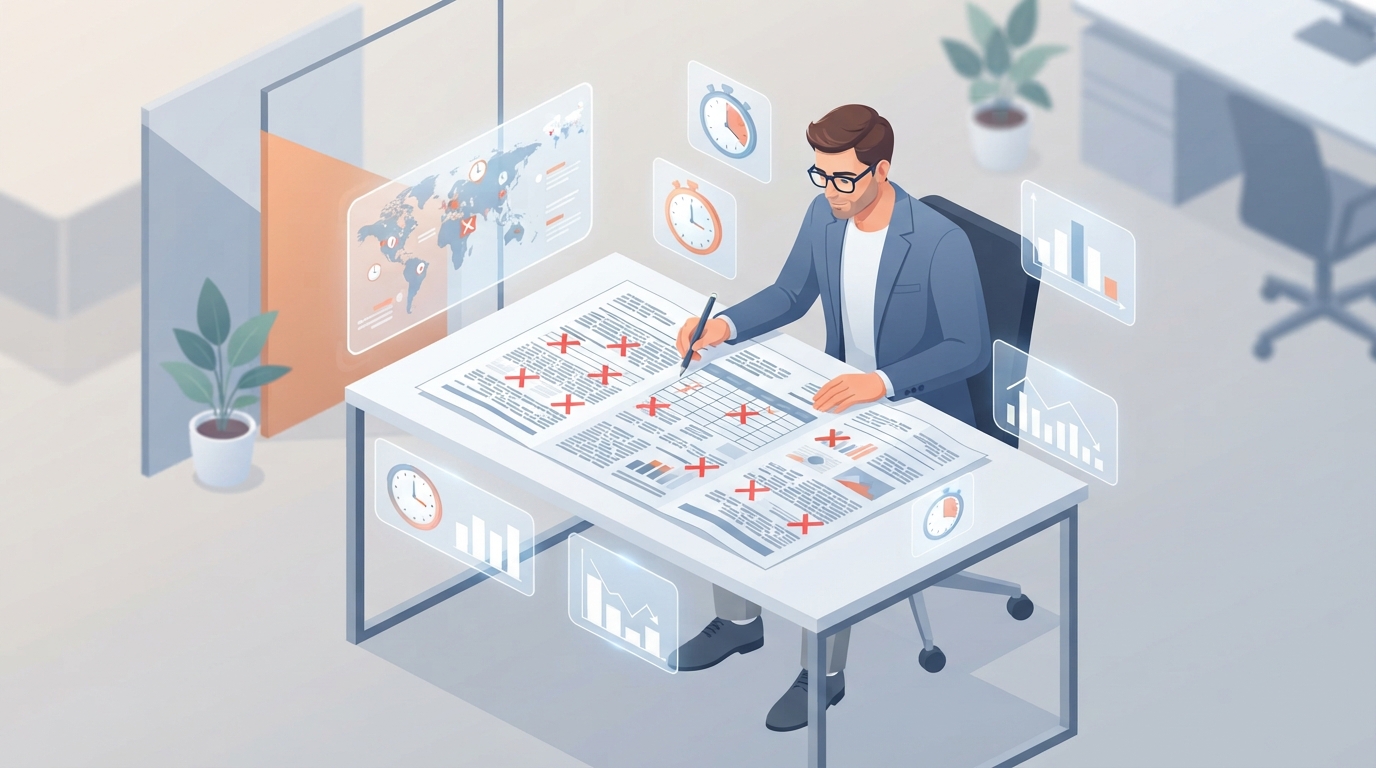 Illustration isométrique d'un professionnel examinant un document avec des connexions manquantes et des marqueurs d'avertissement rouges.