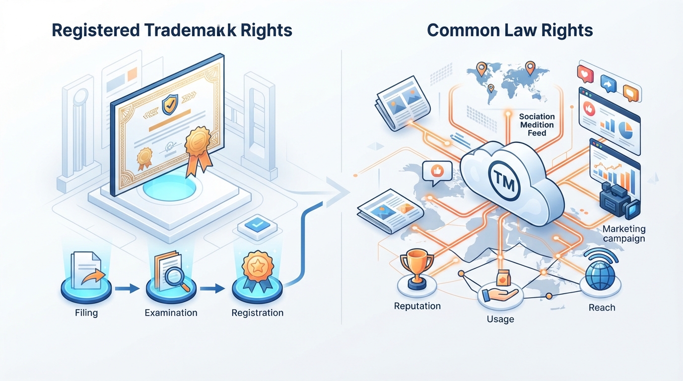 Una ilustración isométrica dividida que compara un certificado de marca formal con una colección de pruebas de marca y datos de marketing.