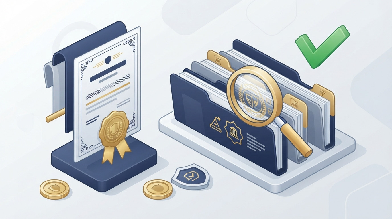 3D isometric illustration of a trademark certificate and verified legal documents.