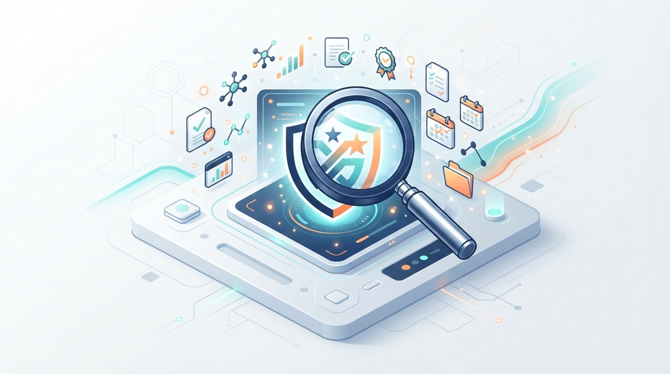 An isometric illustration showing a magnifying glass analyzing a brand logo among legal documents and data points.