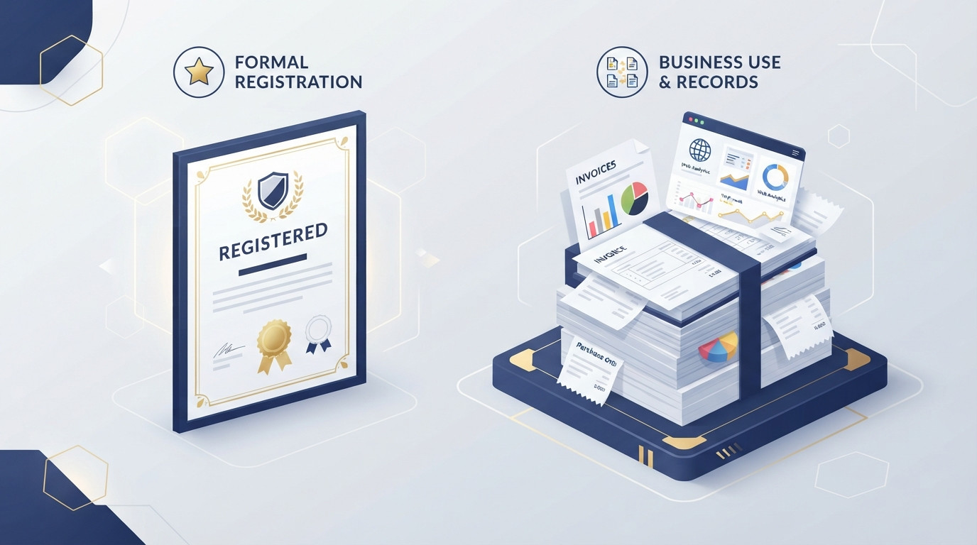 A split isometric illustration comparing a formal trademark certificate with a collection of business evidence documents like invoices and charts.