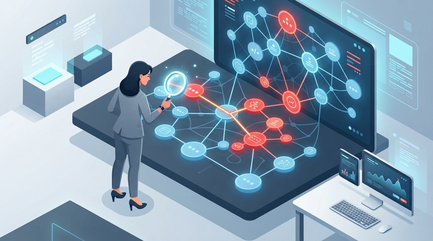 A 3D isometric illustration showing an investigation of suspicious digital patterns and interconnected nodes.
