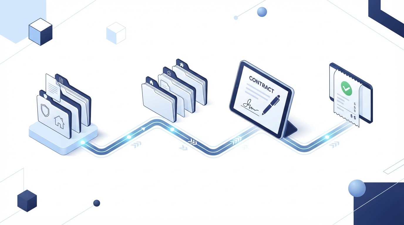 Isometric illustration of a digital documentation chain with folders and signed legal agreements.