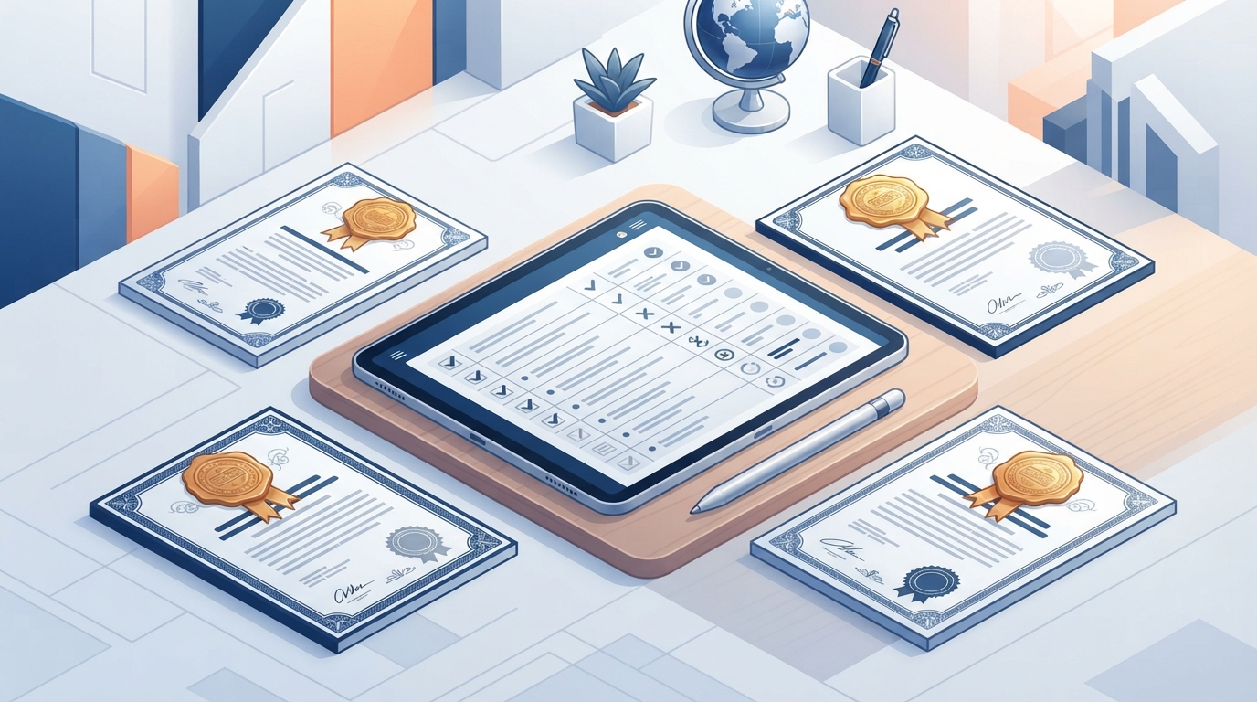Una ilustración isométrica que muestra una lista de verificación digital y documentos oficiales de marcas con sellos dorados sobre un fondo azul limpio.