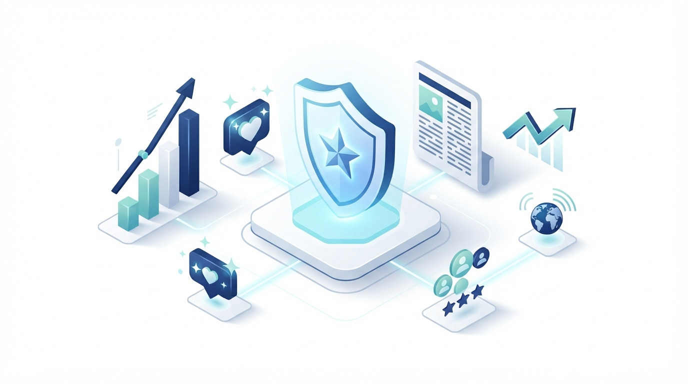 Une illustration isométrique montrant divers points de données et icônes de médias convergeant pour représenter une reconnaissance de marque établie.