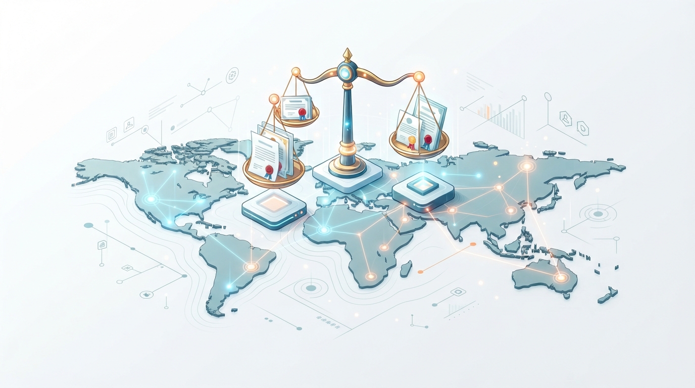 Una ilustración isométrica que muestra un globo terráqueo con balanzas legales y documentos que representan diferentes jurisdicciones internacionales de marcas.