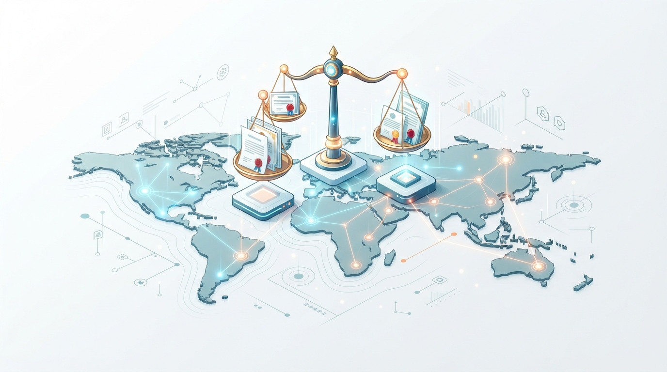 An isometric illustration showing a globe with legal scales and documents representing different international trademark jurisdictions.