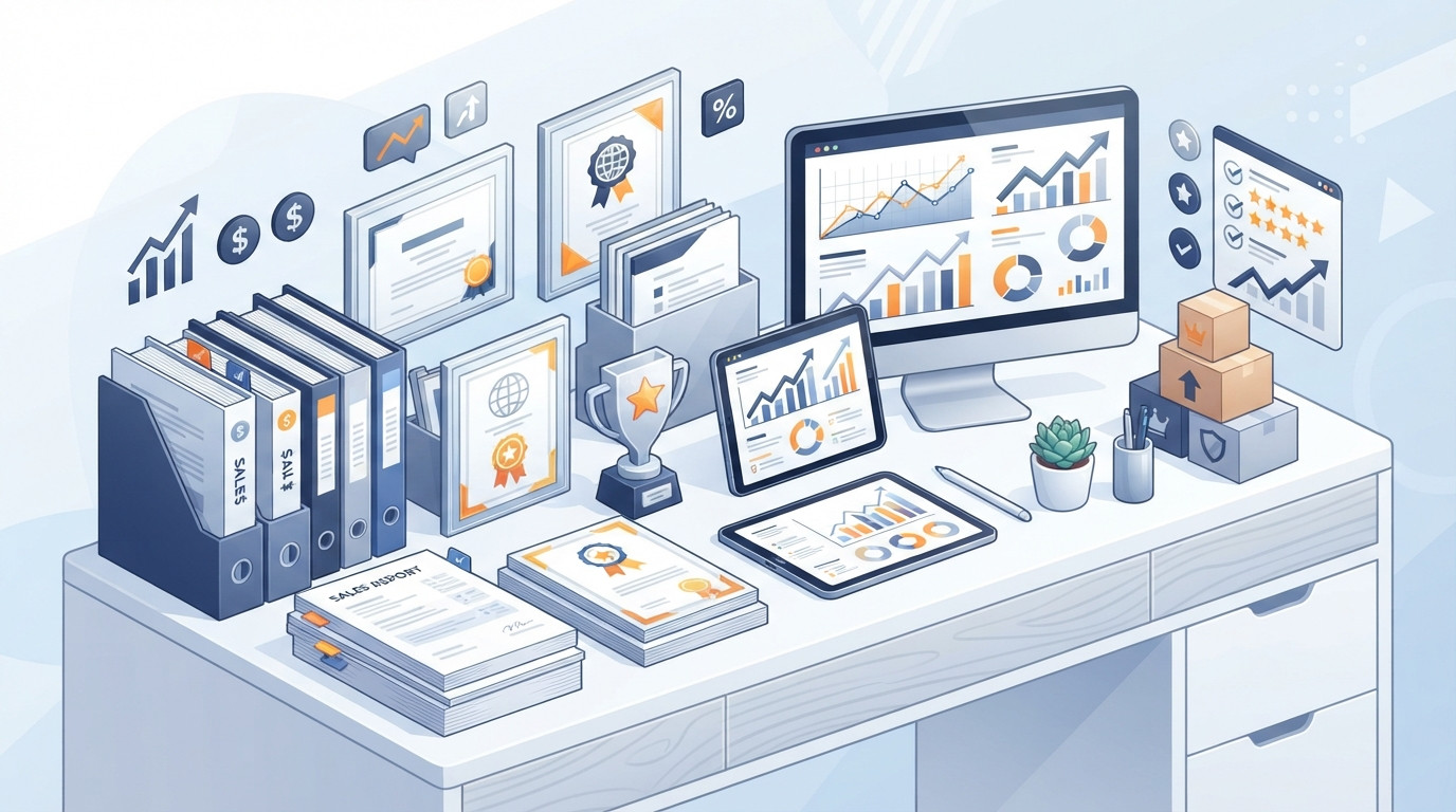 An isometric illustration showing organized data charts and documents representing evidence of brand recognition.