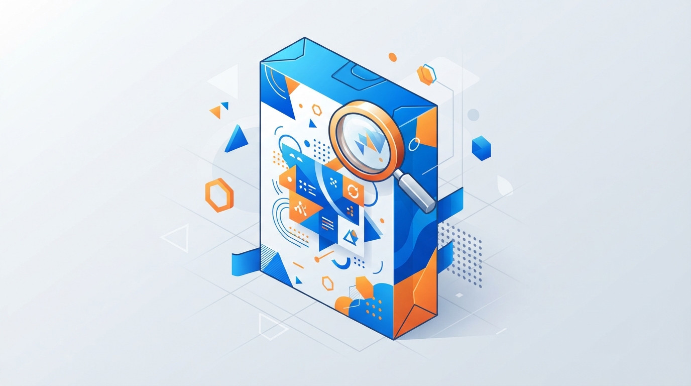Isometric illustration of product branding elements and trade dress symbols.