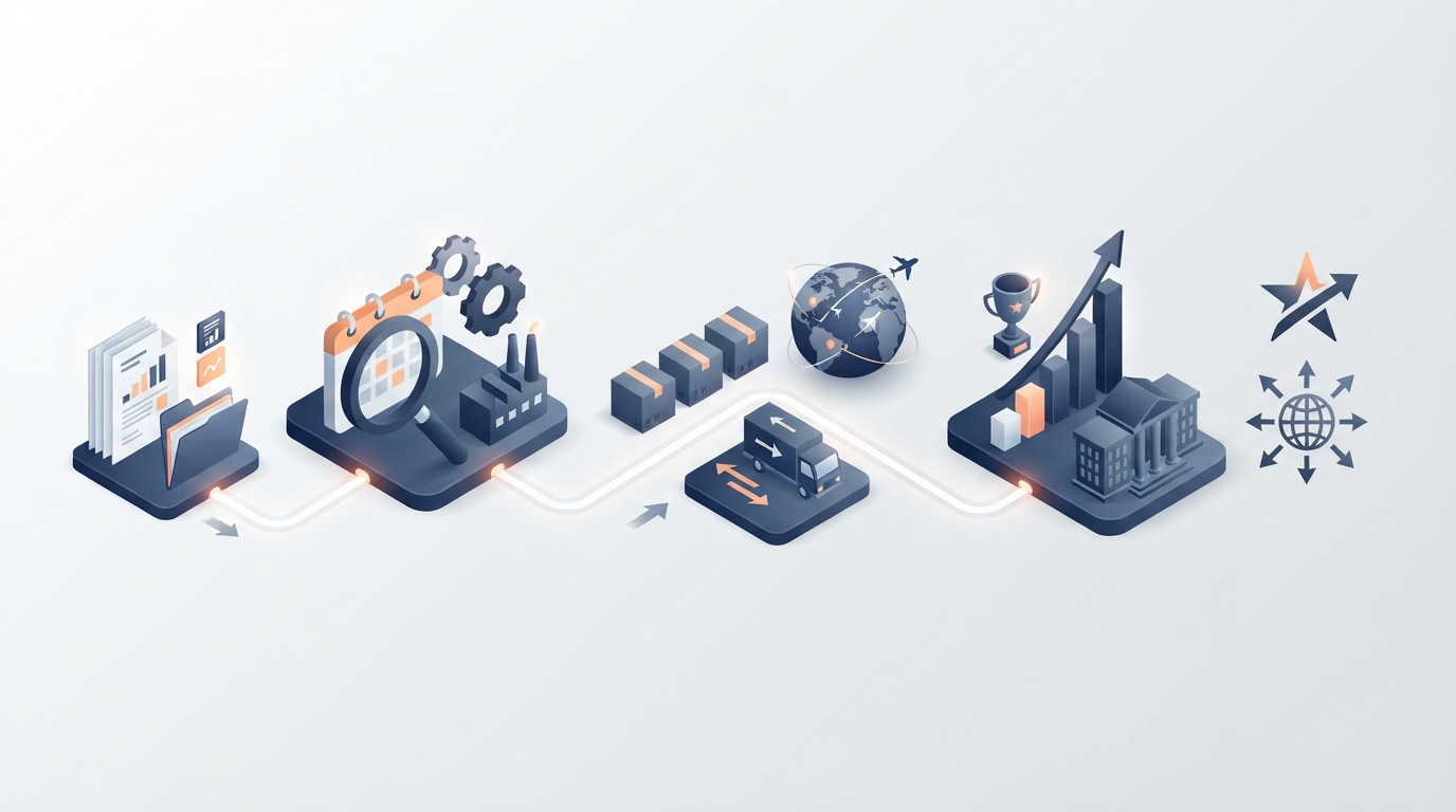 Una ilustración isométrica en 3D que muestra una secuencia de documentos comerciales e hitos en una línea de tiempo para representar la historia de la marca.