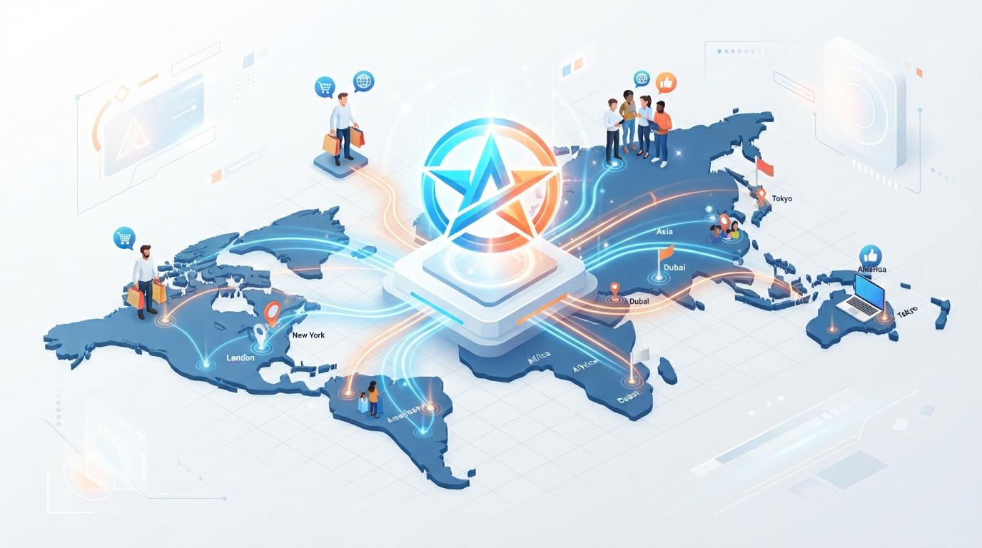 Ilustración isométrica que muestra una marca conectándose a una red de consumidores, representando el reconocimiento en el mercado.